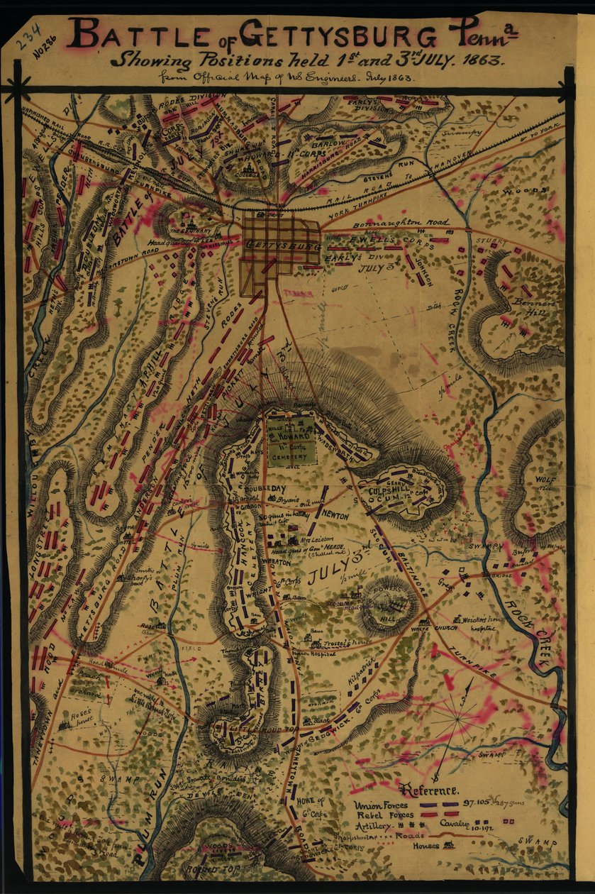 Slaget vid Gettysburg, Pennsylvania Visar positioner som intogs 1 och 3 juli 1863. LOC gvhs01.vhs00265 av Robert Knox Sneden