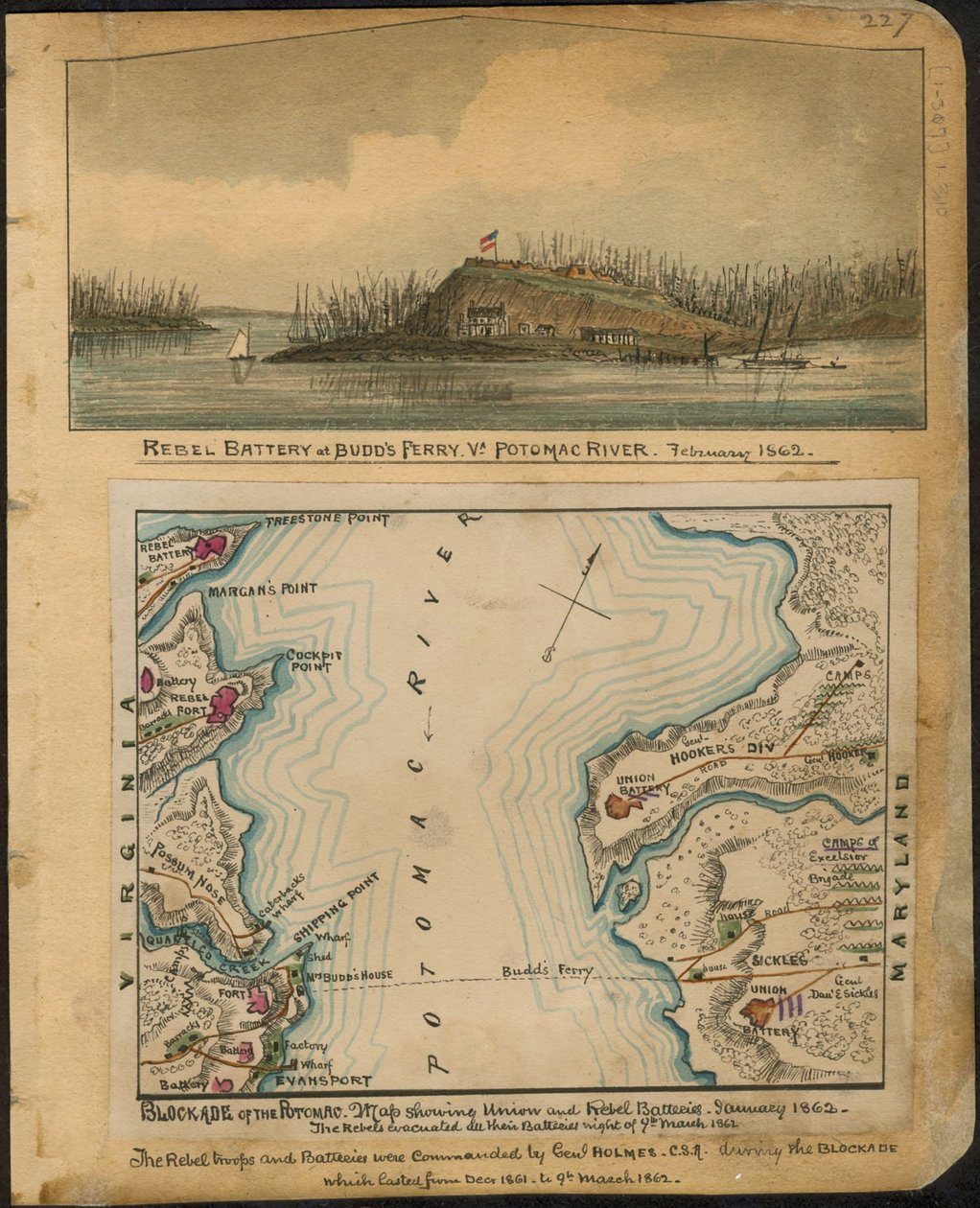 Blockaden av Potomac. Karta som visar unionens och rebellernas batterier i januari 1862. Rebellerna evakuerade alla sina batterier natten till den 4 mars 1862. LOC gvhs01.vhs00066 av Robert Knox Sneden