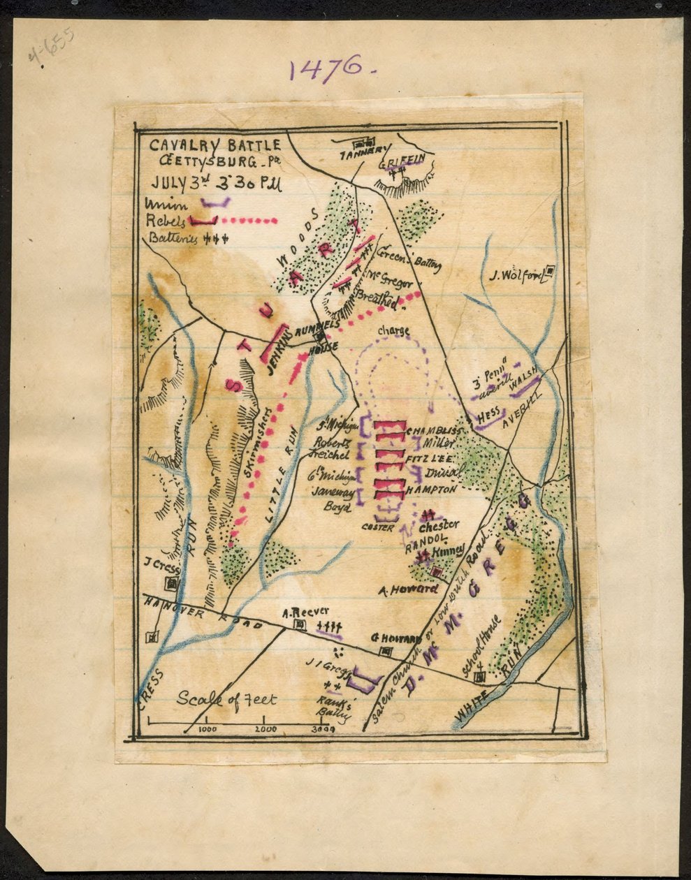 Kavalleristrid, Gettysburg, Pennsylvania 3 juli kl. 15.00-30.00 LOC gvhs01.vhs00150 av Robert Knox Sneden