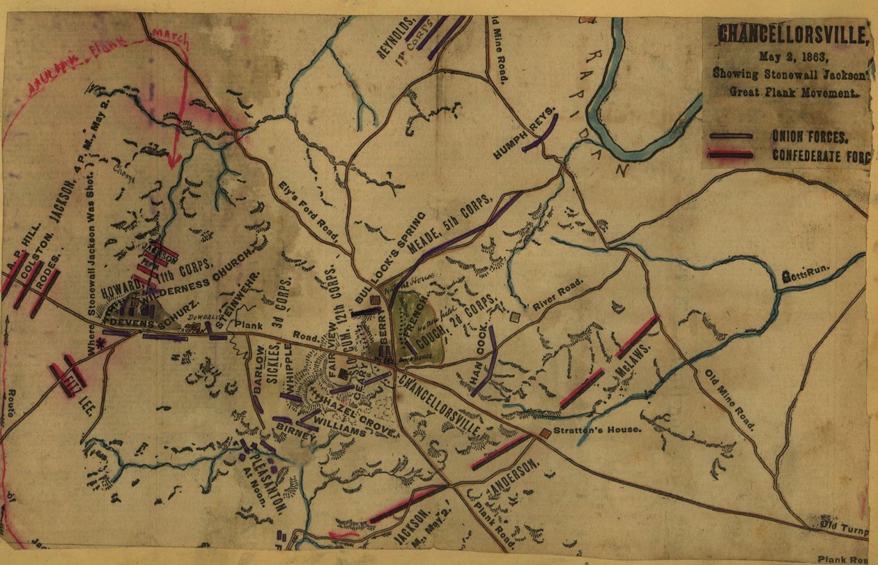 Chancellorsville, 2 maj 1863, visar Stonewall Jacksons stora flankrörelse LOC gvhs01.vhs00287 av Robert Knox Sneden