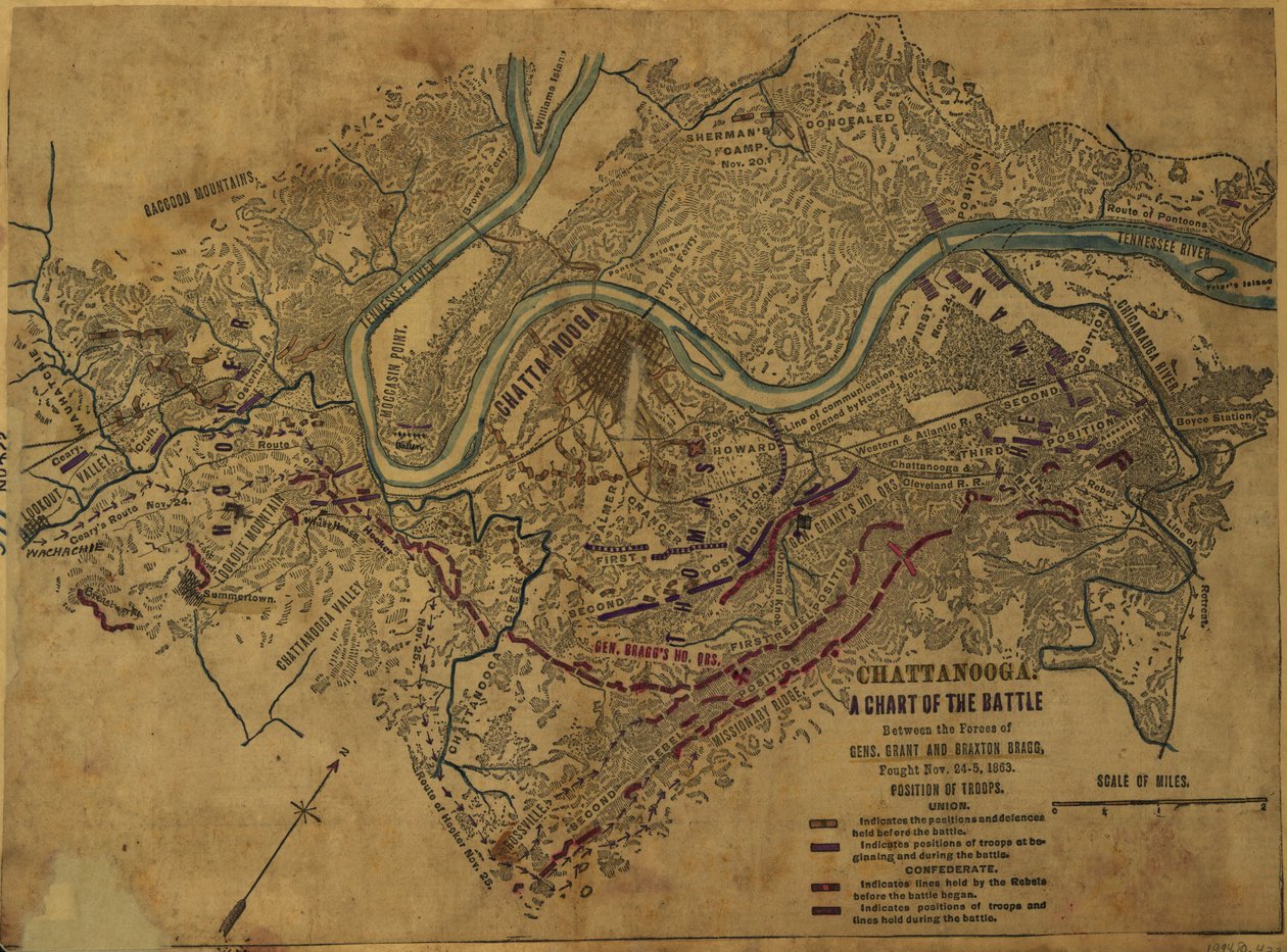 Chattanooga Ett diagram över slaget mellan styrkorna från Gens. Grant och Braxton Bragg som utkämpades 24-5 november 1863. LOC gvhs01.vhs00275 av Robert Knox Sneden