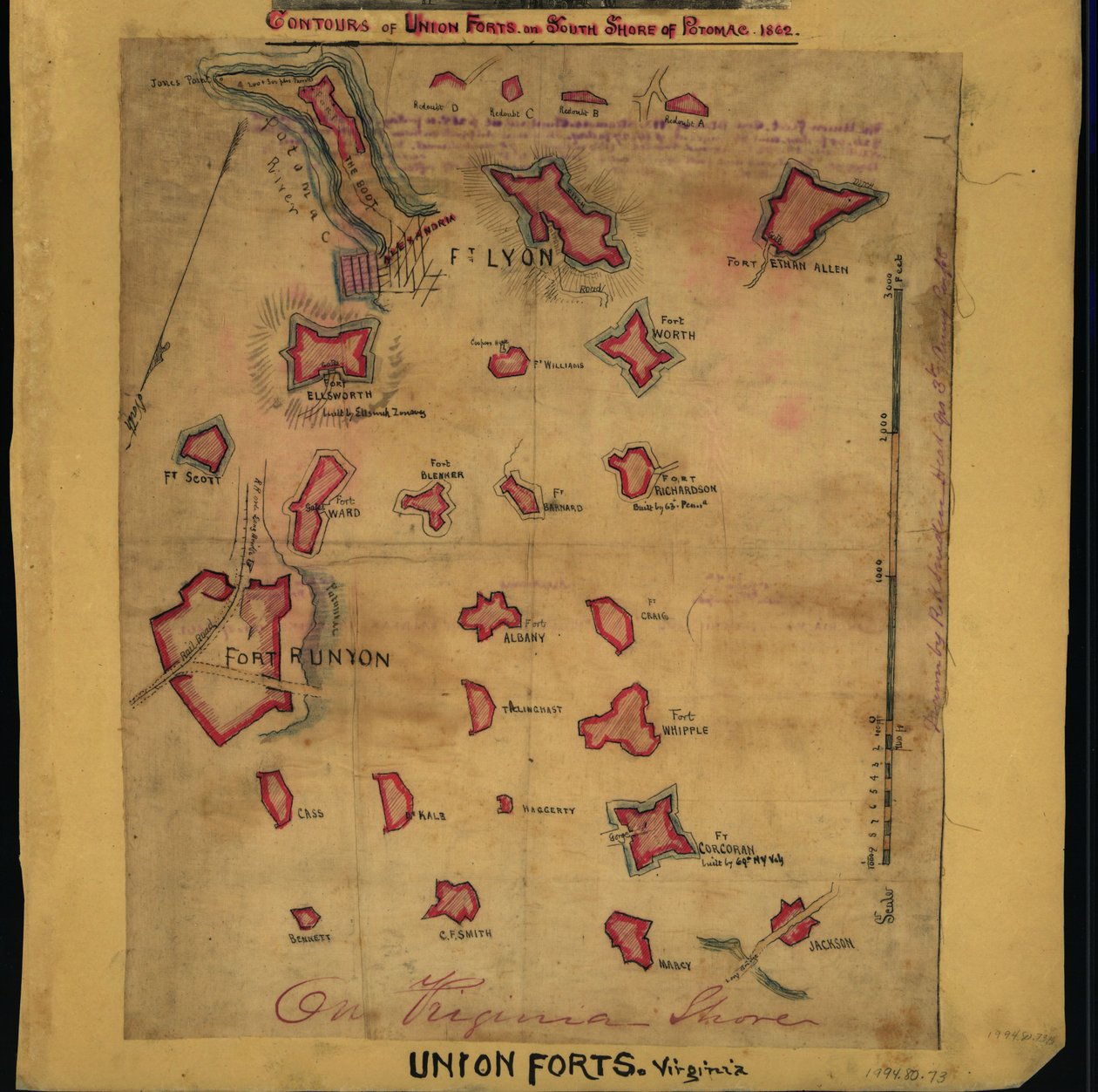 Konturerna av unionens fort på södra sidan av Potomac, 1862 (karta). LOC gvhs01.vhs00242 av Robert Knox Sneden