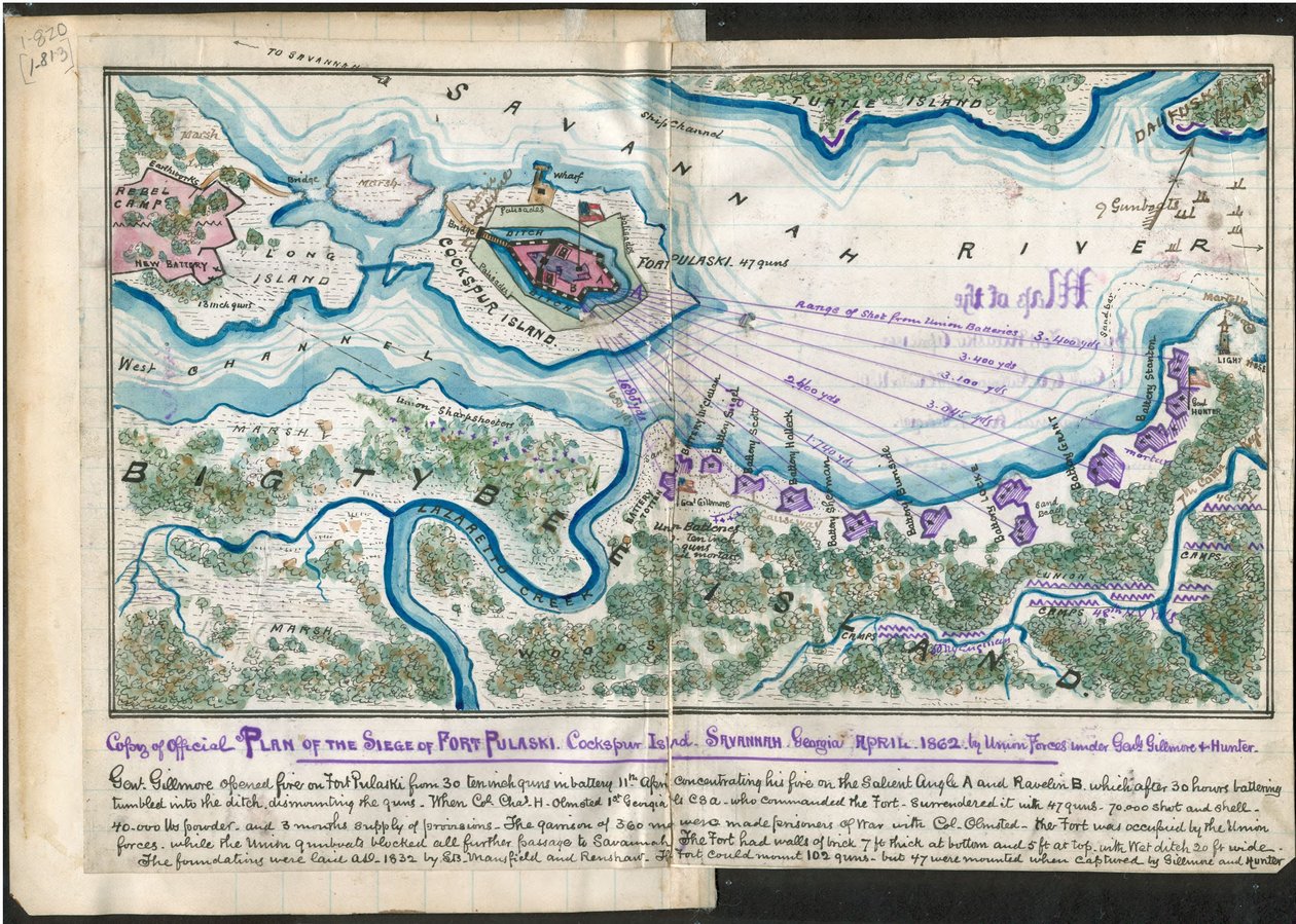 Kopia av den officiella planen för belägringen av Fort Pulaski. Cockspur Island. Savannah Georgia april 1862 - av unionsstyrkor under general Gillmore och Hunter. LOC gvhs01.vhs00084 av Robert Knox Sneden