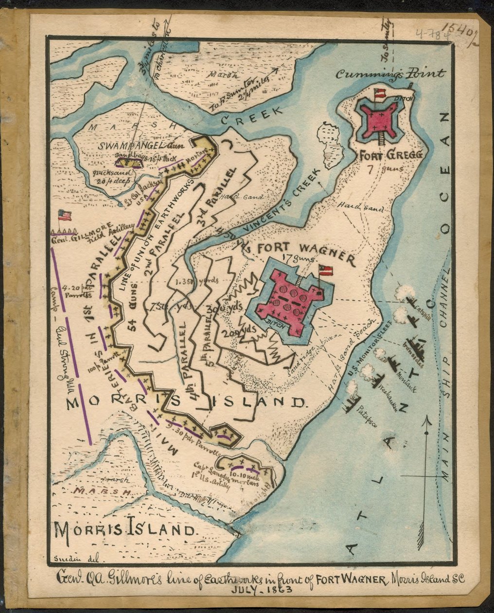 General Q. A. Gillmores jordvärnslinje framför Fort Wagner, Morris Island, S.C., juli 1863 LOC gvhs01.vhs00152 av Robert Knox Sneden