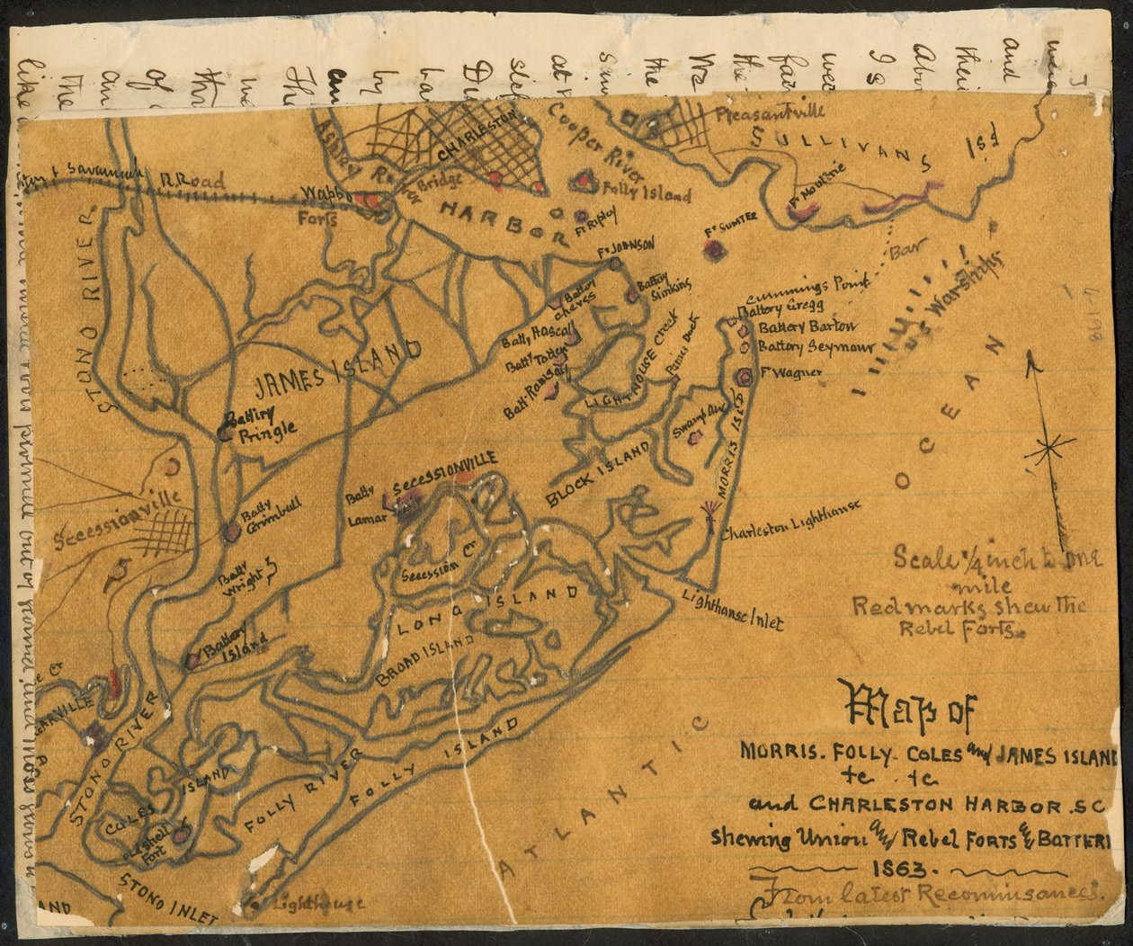 Karta över Morris, Folly, Coles och James Island(s) etc., och Charleston Harbor S.C. som visar (sic) unionens och rebellernas fort och batterier, 1864. LOC gvhs01.vhs00184 av Robert Knox Sneden