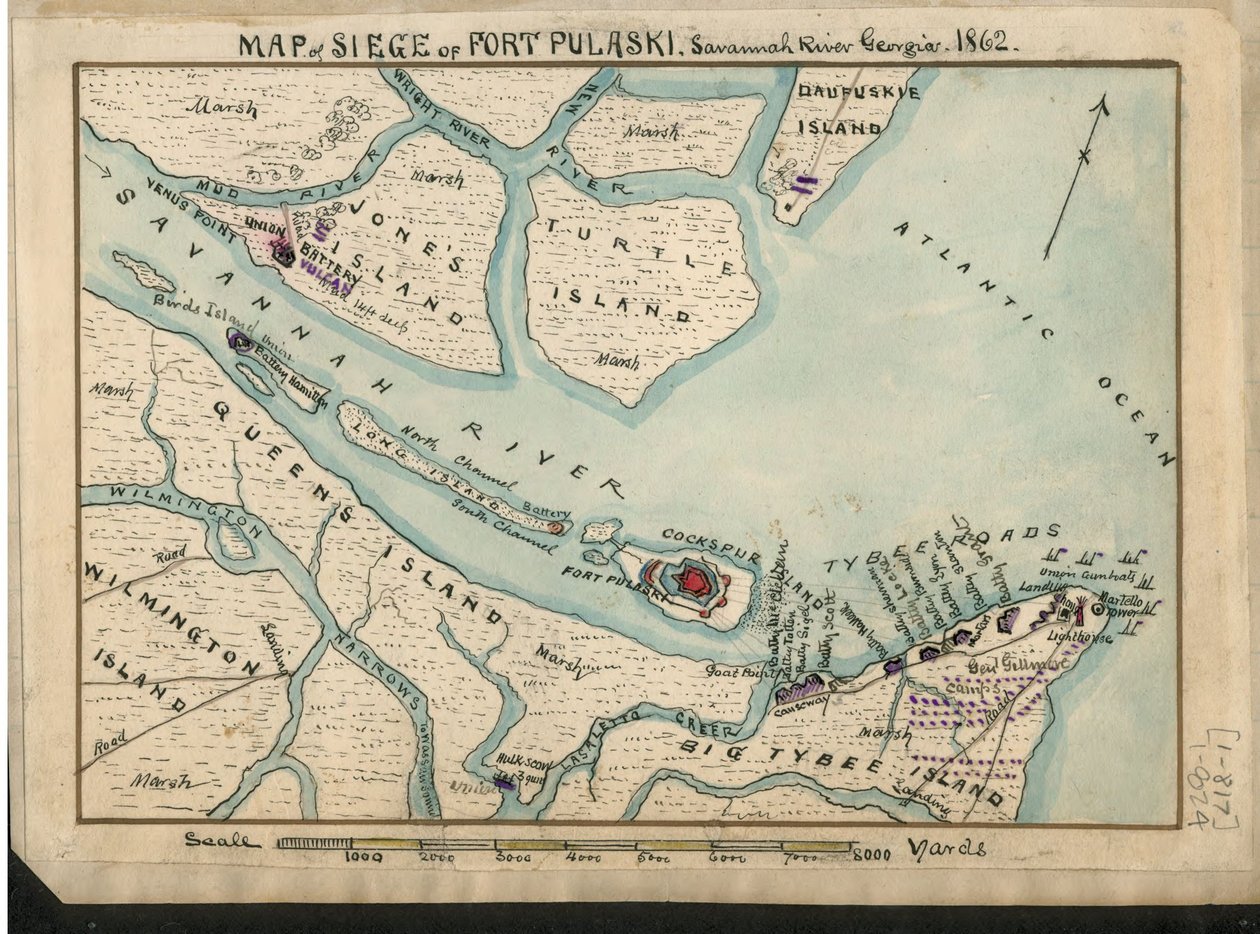 Karta över belägringen av Fort Pulaski - Savannah River Georgia. 1862. LOC gvhs01.vhs00085 av Robert Knox Sneden