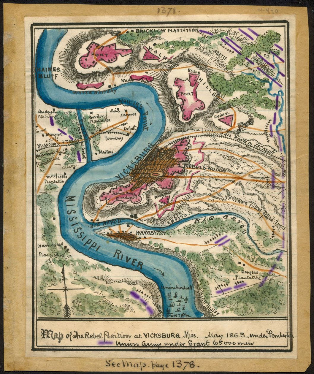 Karta över rebellernas ställning vid Vicksburg, maj 1863. LOC gvhs01.vhs00140 av Robert Knox Sneden