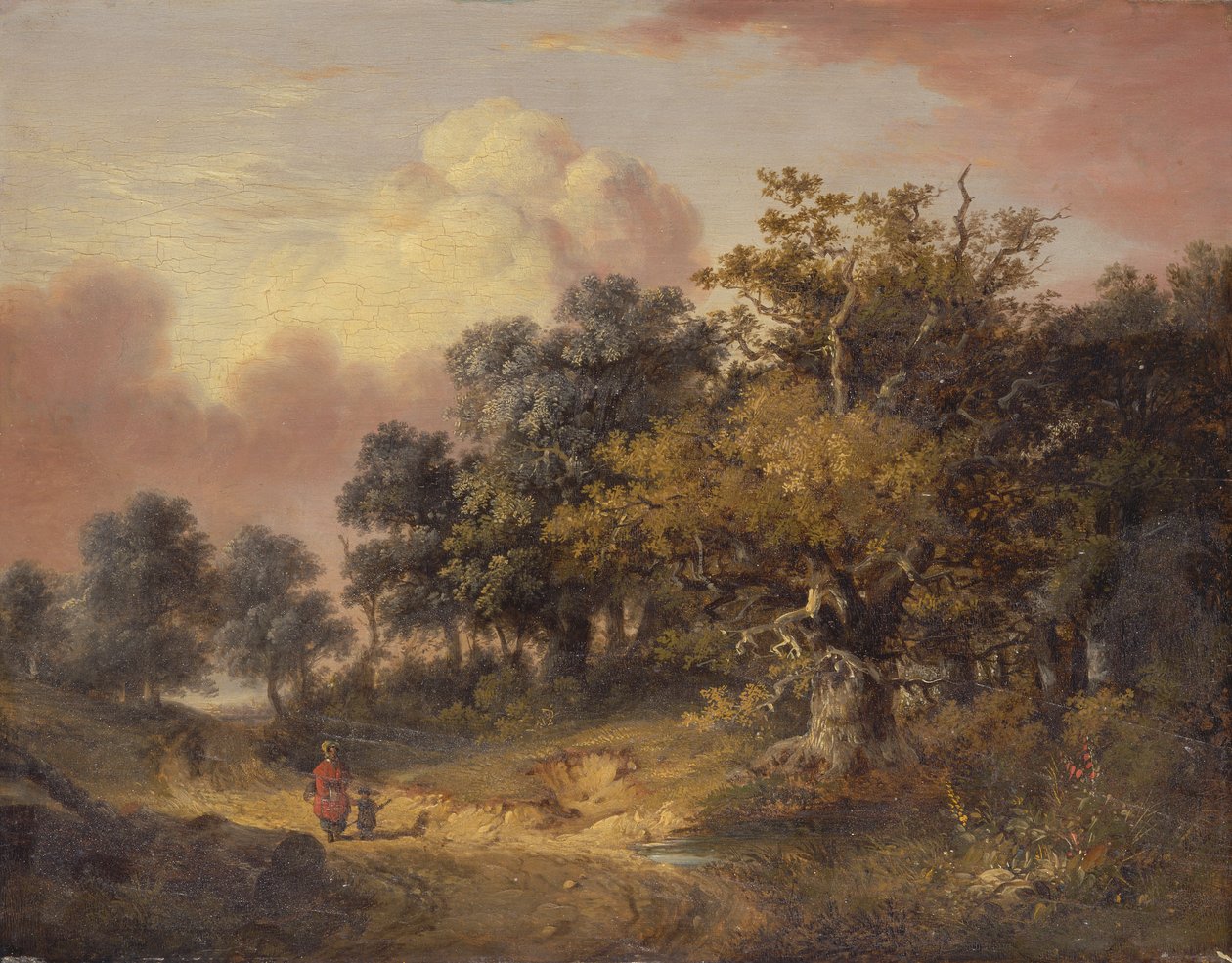 Skogbevuxen landskap med kvinna och barn som går på en väg av Robert Ladbrooke