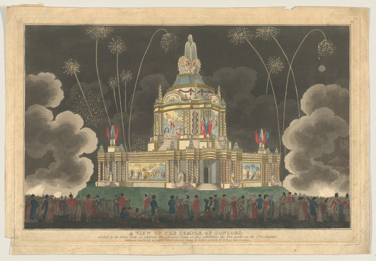 En vy av Temple of Concord uppfört i Green Park, för att fira G..., 9 september 1814. av Robert Laurie