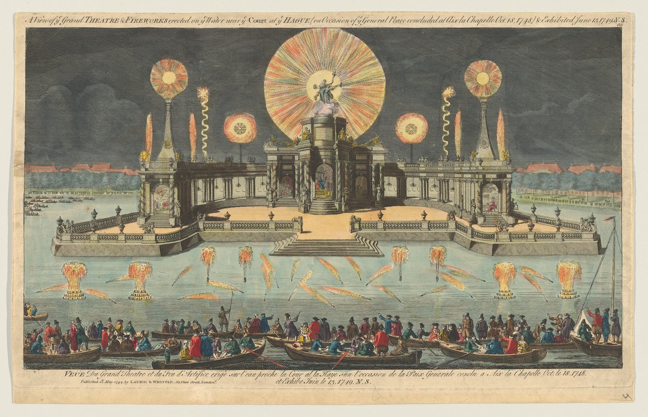 A View of ye Grand Theatre & Fireworks rested on the Water near ye Court at Haag on O..., 1794. av Robert Laurie