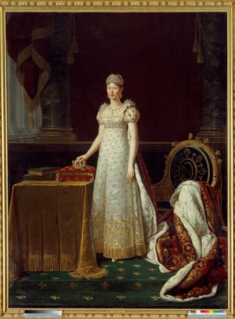 Porträtt av imponen Marie Louise av Österrike (Marie-Louise) (1791-1847), hustru till Napoleon I, representerade kejsardömets regente och klädd i en Chaumet-diamantset donerad av Napoleon 1812 - Bakom henne, en fåtölj i empirestil dekorerad Napoleons "N" av Robert Lefevre