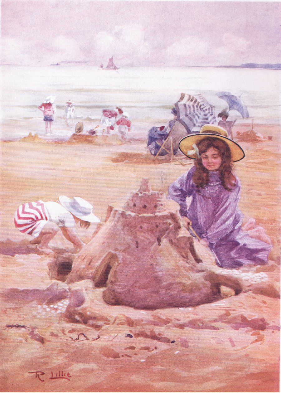 Bygga sandslottet (färg litho) av Robert Lillie
