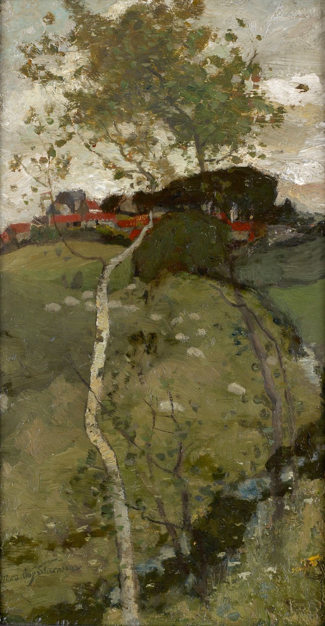 Village on a Hill - Silver Birch (olja ombord) av Robert Macaulay Stevenson