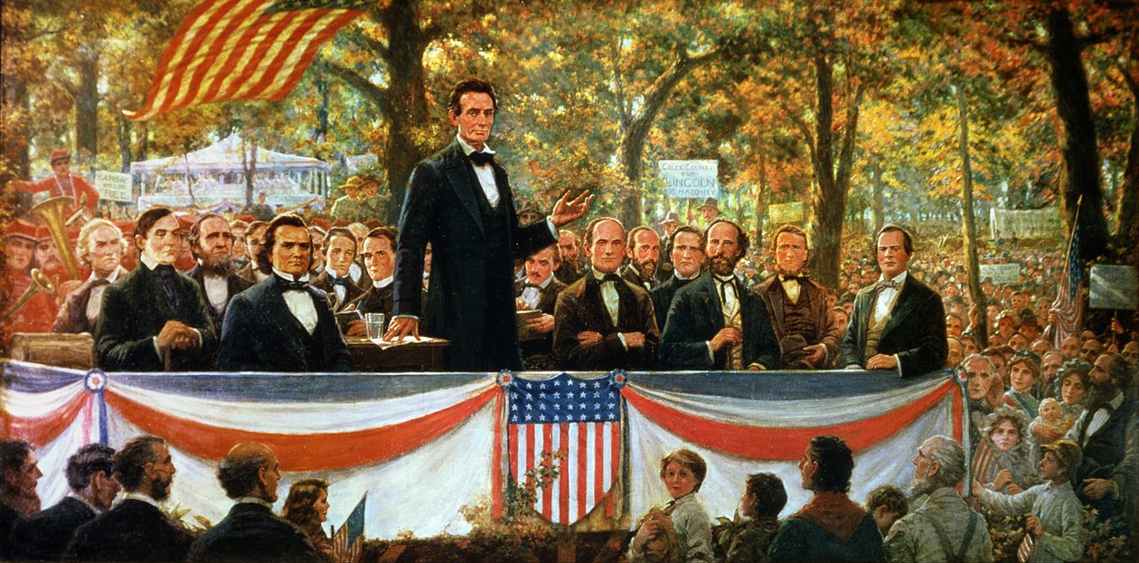 Abraham Lincoln och Stephen A Douglas debatterade i Charleston, Illinois den 18 september 1858, 1918 av Robert Marshall Root