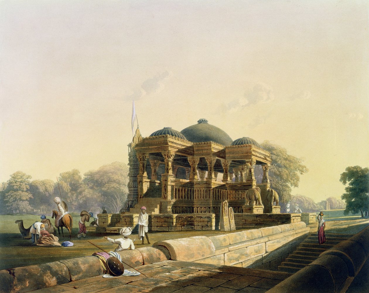 Ancient Temple at Hulwud, från Volym I av "Scenery, Costumes and Architecture of India", målade av F. Witherington, graverade av G. Hunt och färgade av J.B. Hogarth, pub. av Ackermann, 1826 (akvatin av Robert Melville Grindlay