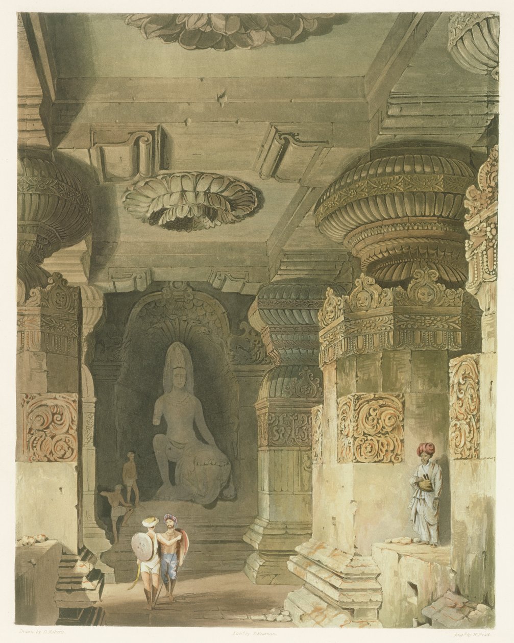 Interiör av Indra Subbas grotttemplet i Ellora, från Volym II av Indiens landskap, kostymer och arkitektur, tecknad av David Roberts (1796-1864) etsad av Thomas Kearnan (fl.1821-50) och graverad av Robert Melville Grindlay