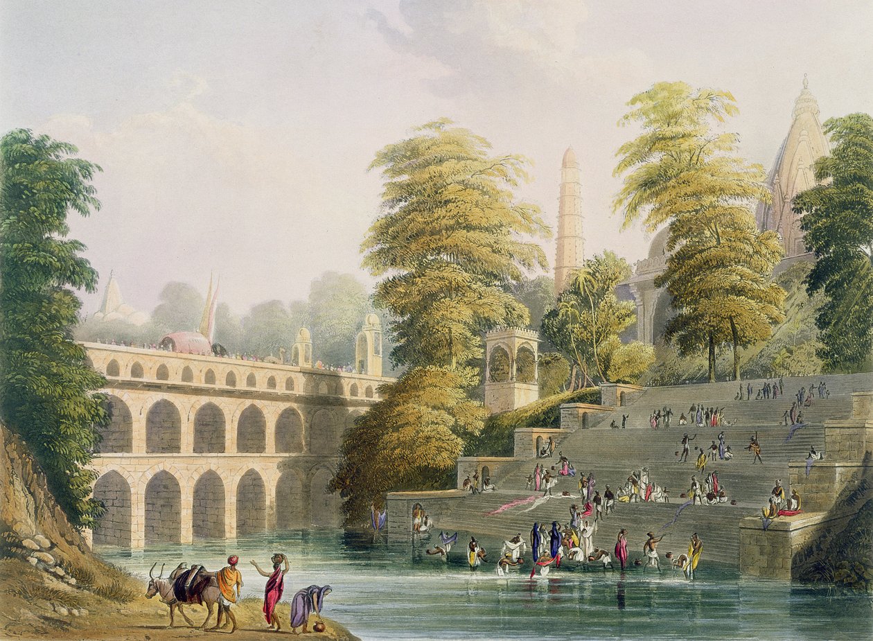 Vy över bron nära Baroda i Guzerat, från volym II av "Indiens landskap, kostymer och arkitektur", etsat av J. Willis och H. Melville, graverad av puben Charles Bentley (1806-54). av Smith, El av Robert Melville Grindlay