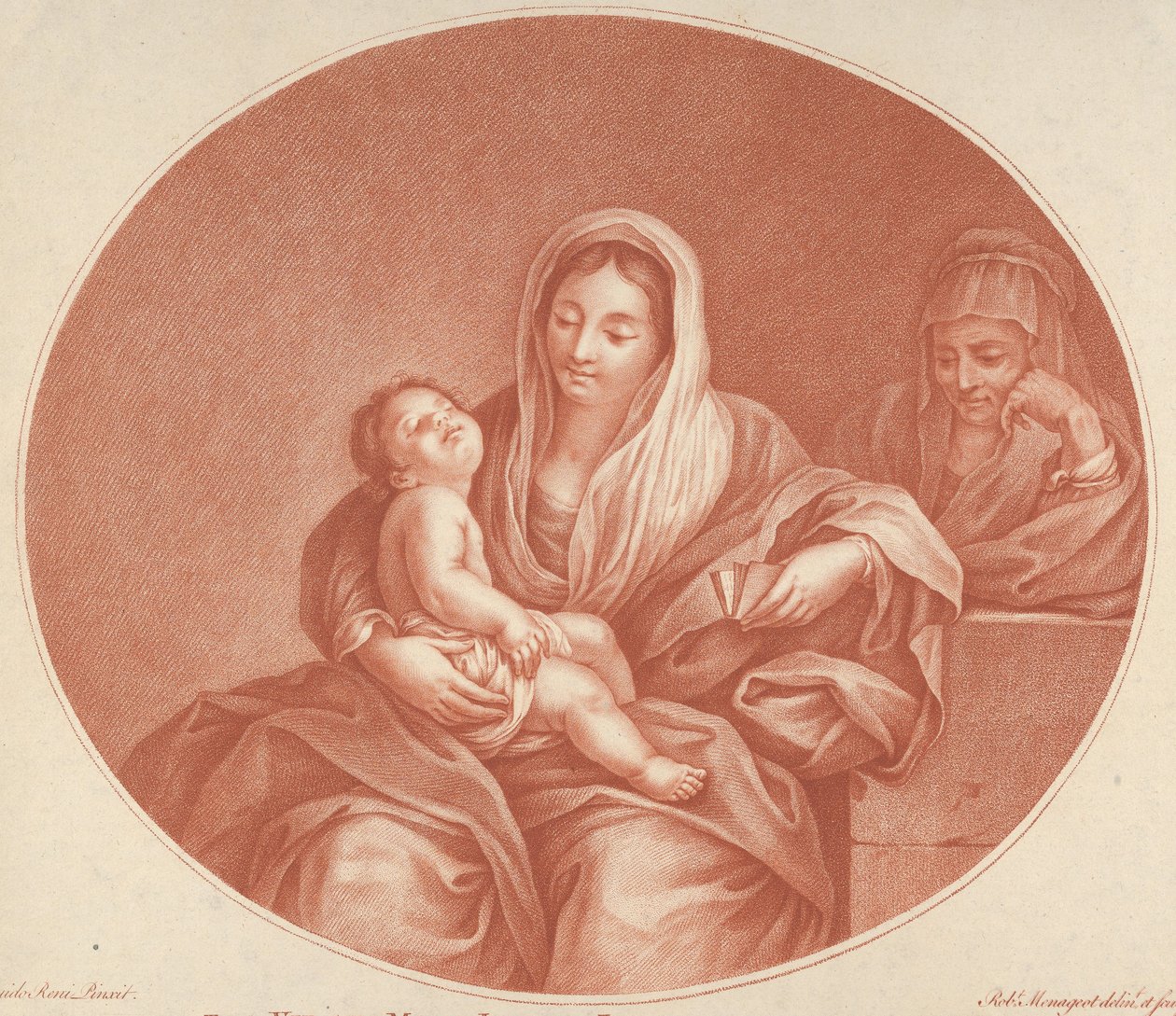 Jungfrun satt med spädbarnet Kristus sovande i hennes knä, Saint Elizabeth till höger, an..., 1776. av Robert Menageot
