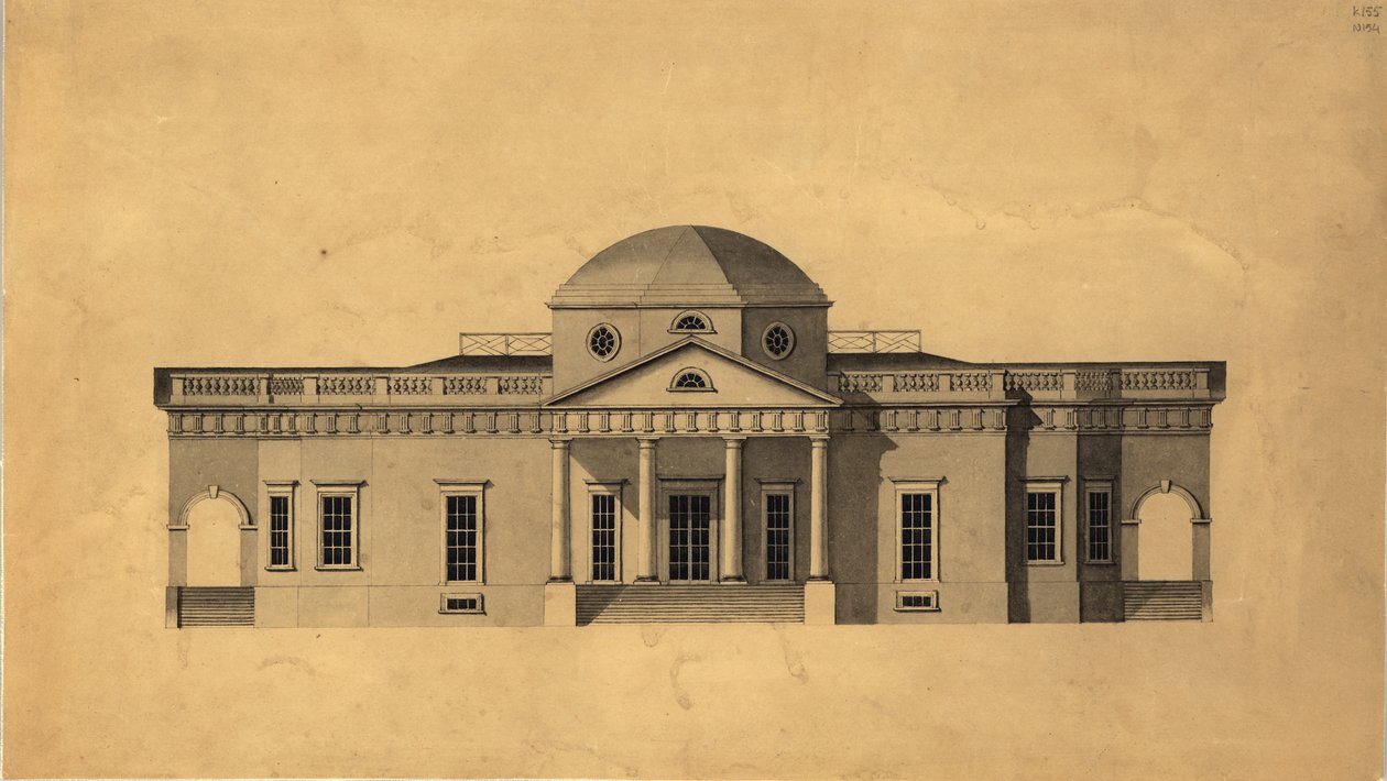 Monticello: 2:a versionen av västlig fasad, recto, 1803 penna och bläck med vv på papper av Robert Mills