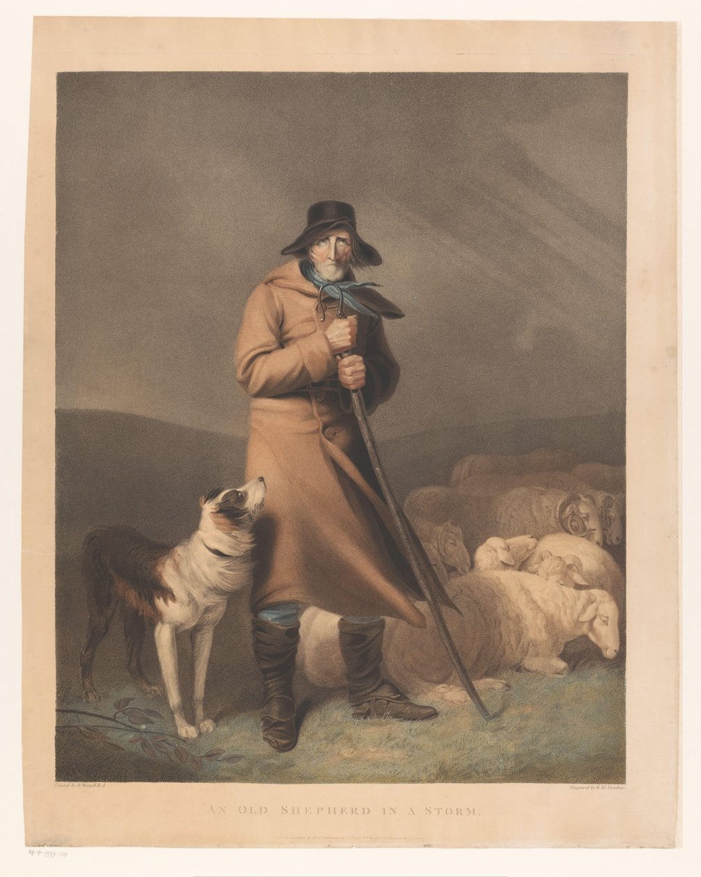 Herde med sin hund och får En gammal herde i en storm (titel på objekt) av Robert Mitchell Meadows