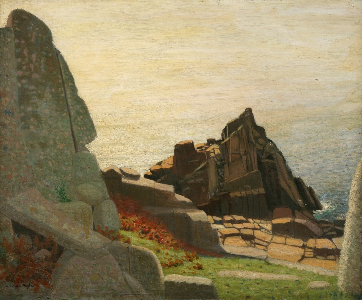 Below Carn Barges (klippor nedanför Lamorna) (olja på duk) av Robert Morson Hughes