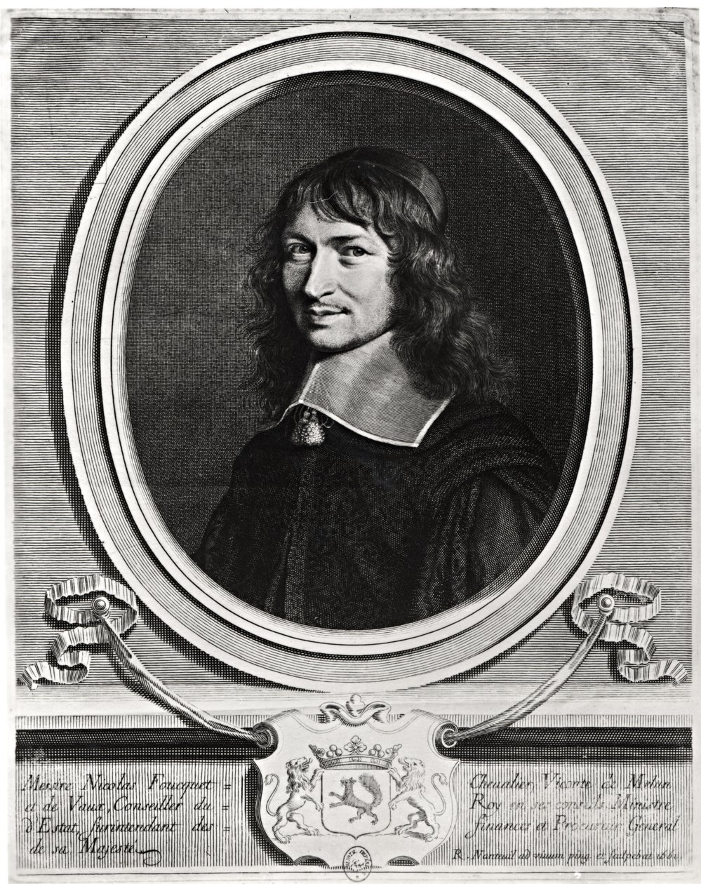 Porträtt av Nicolas Fouquet (1615-80) 1662 (gravyr) (s/v foto) av Robert Nanteuil