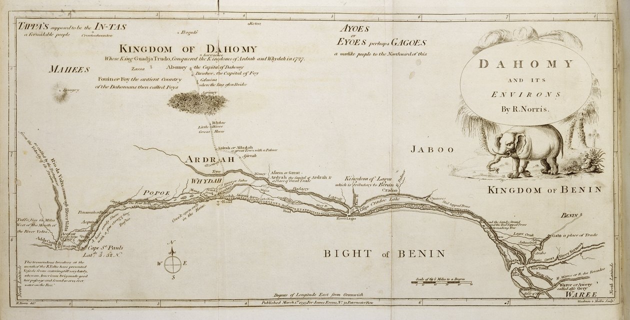 Dahomey och dess omgivningar, från "The History of Dahomey" av Archibald Dalzel, graverad av Woodman och Mutlow, pub. 1793 av Robert Norris