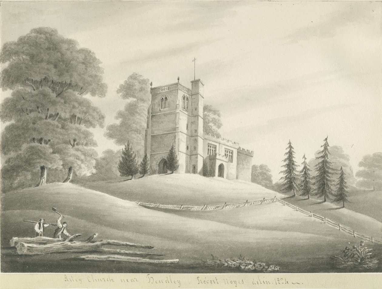Arley Church: sepiateckning, 1824 av Robert Noyes