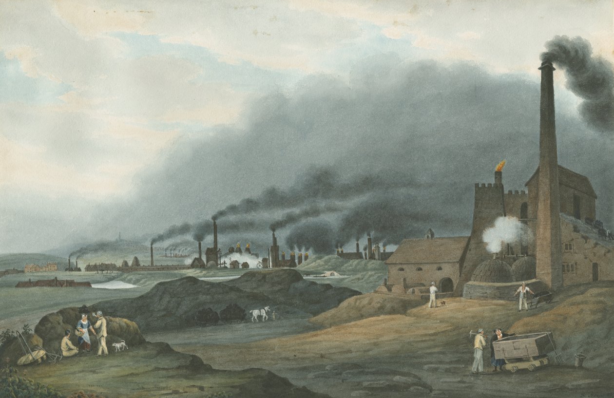 Bilston - Bradley Iron Works: akvarellmålning, 1837 av Robert Noyes