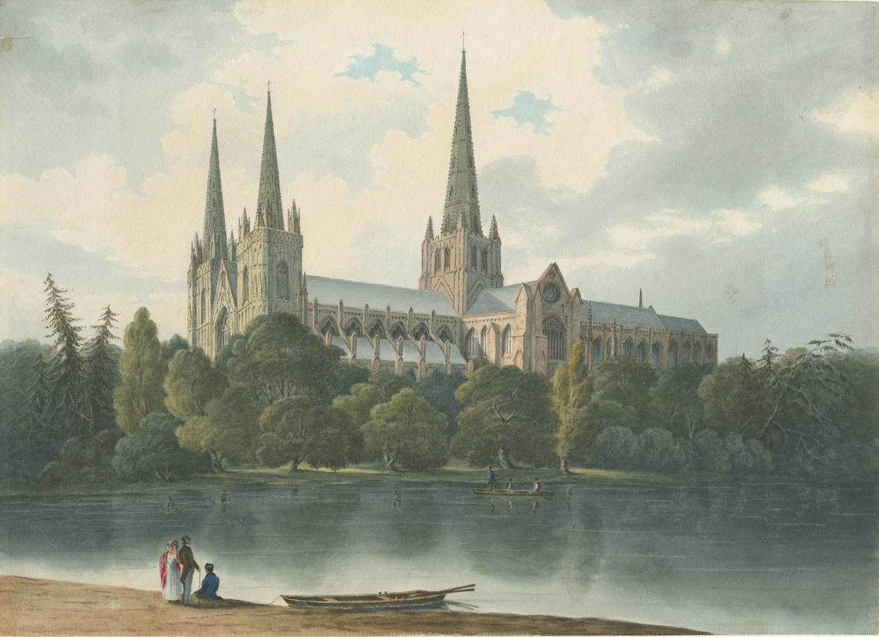 Lichfield Cathedral - South West View: akvarellmålning, juli 1824 (målning) av Robert Noyes