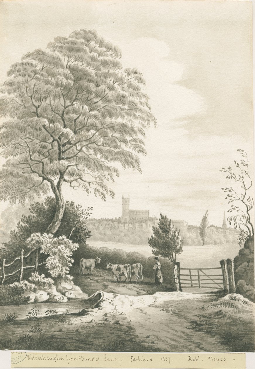Wolverhampton - Avlägsen vy från Dunstall Lane: sepia tvättteckning, 1837 av Robert Noyes