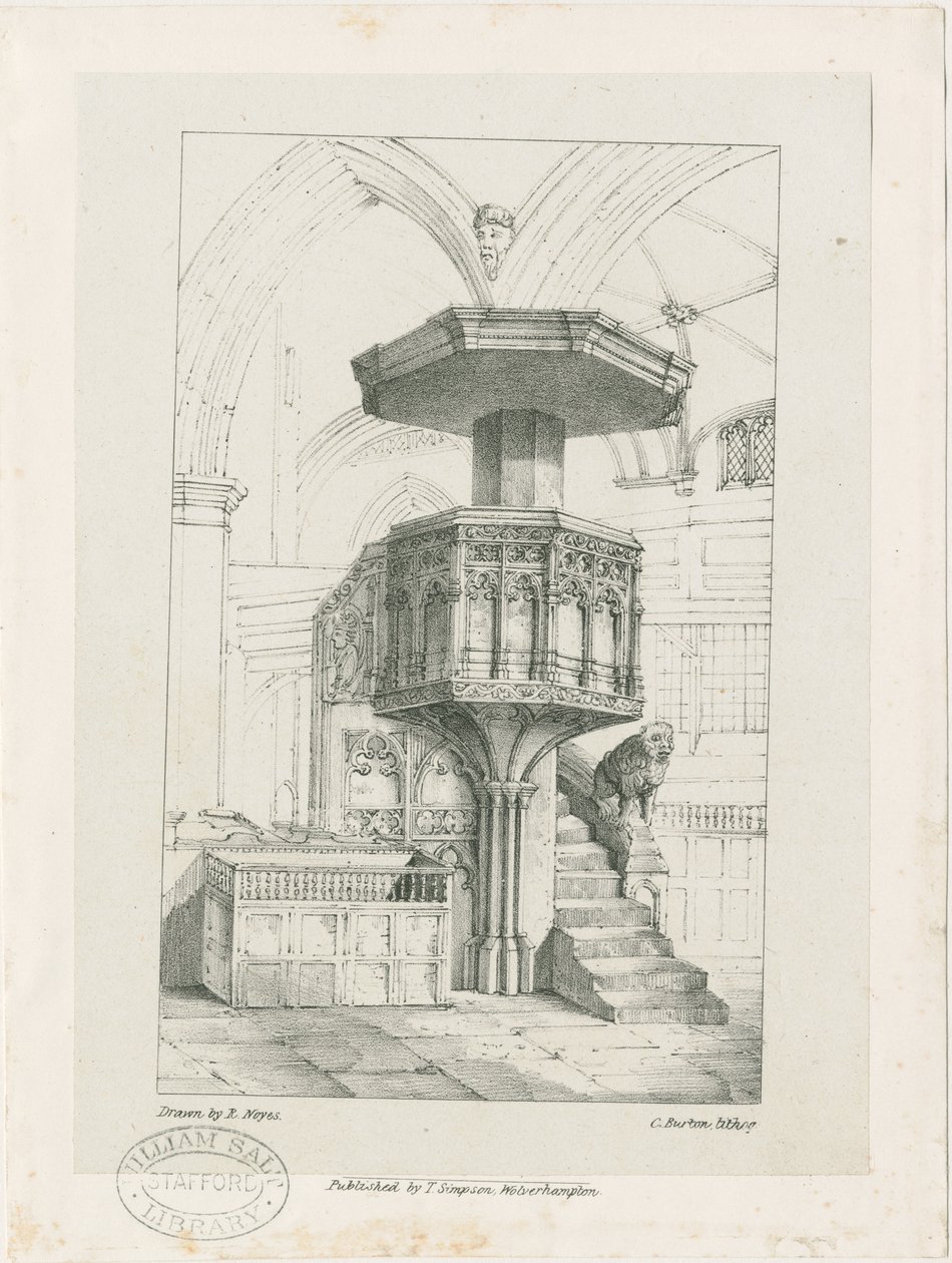 Wolverhampton - Predikstol i Peterskyrkan: litografi, nd [c 1844] (tryck) av Robert Noyes