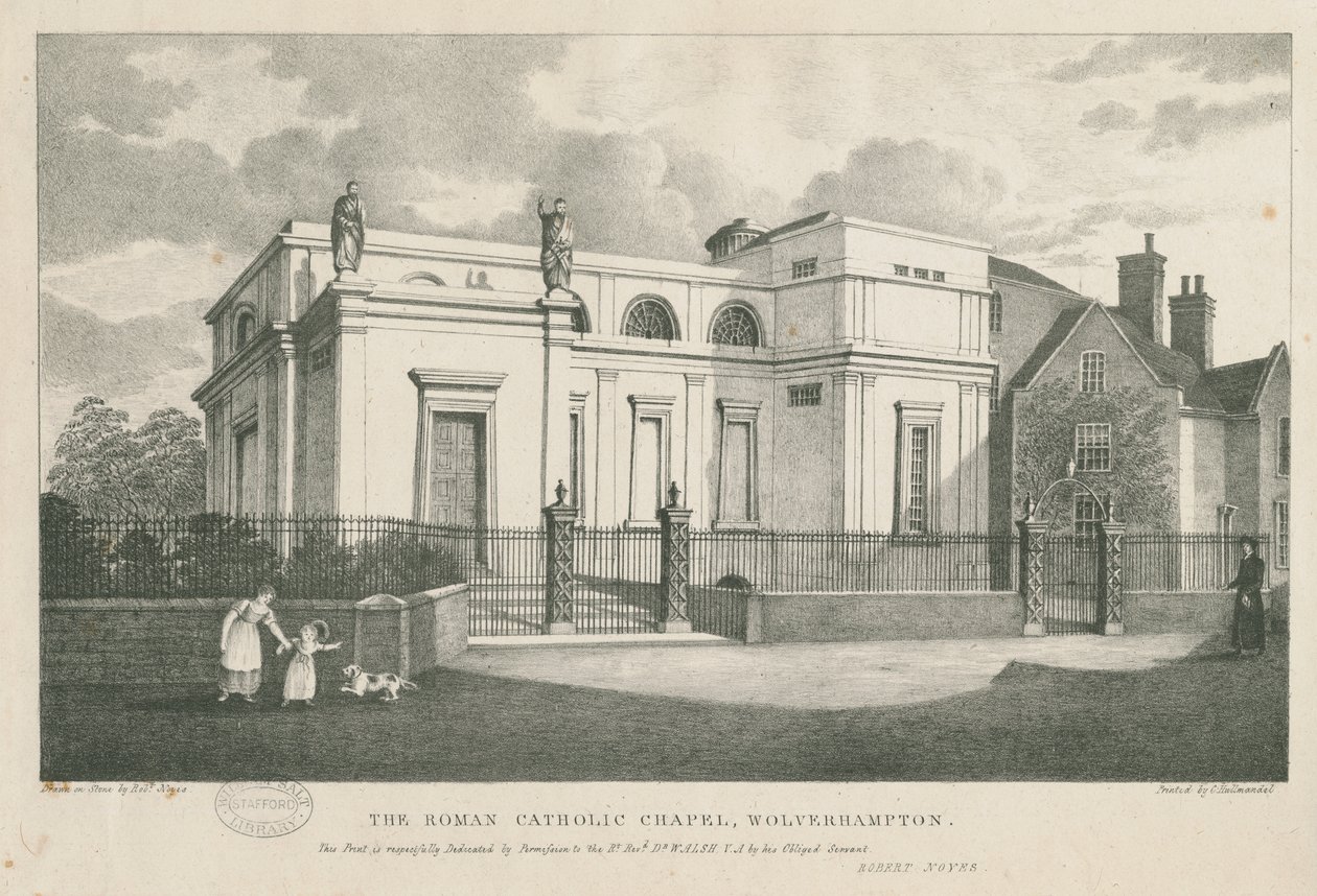 Wolverhampton - Det romersk-katolska kapellet: litografi, nd [c 1844] av Robert Noyes