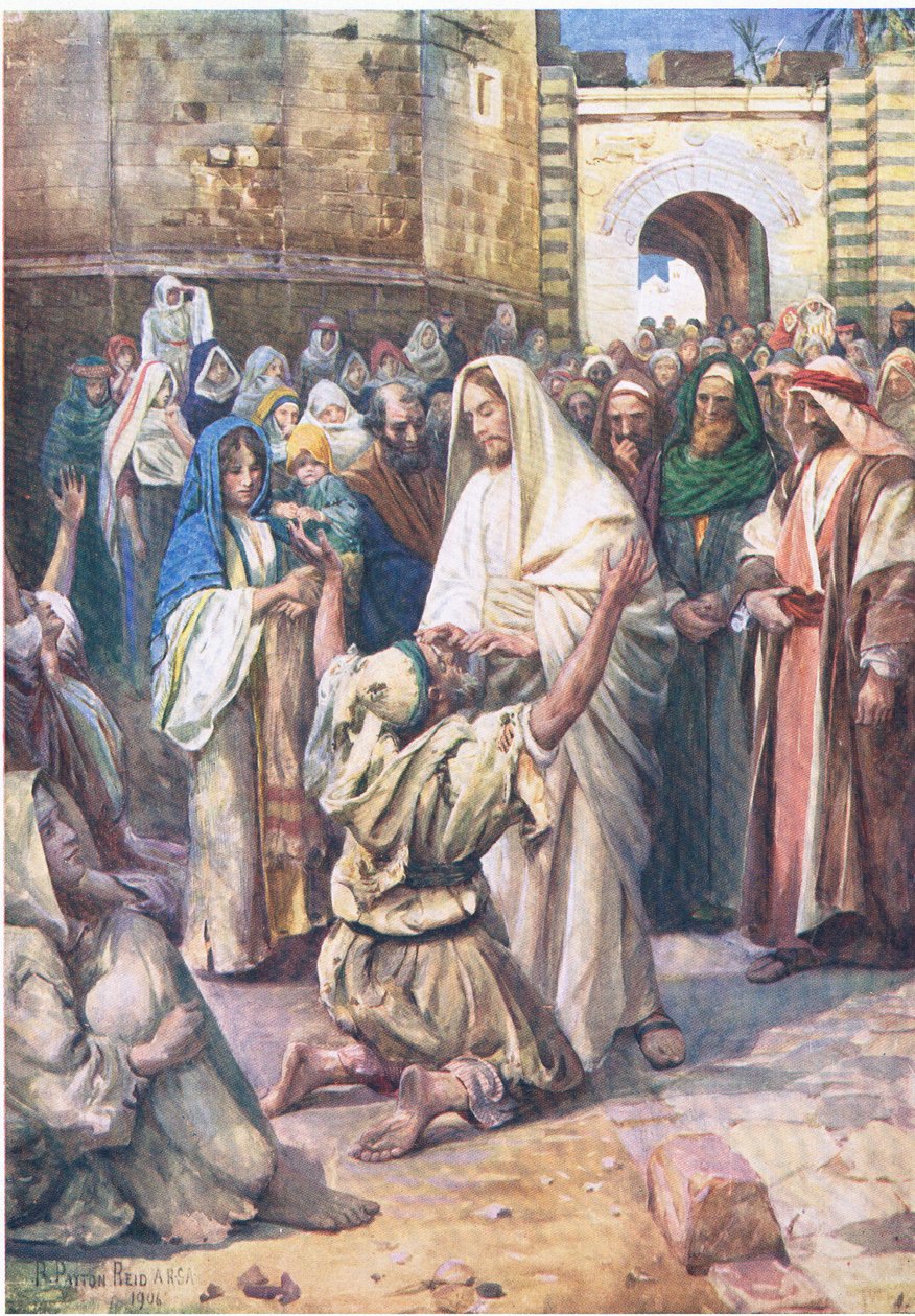 Blind Bartimeus, från The Bible Picture Book utgiven av Thomas Nelson, c.1950 av Robert Payton Reid