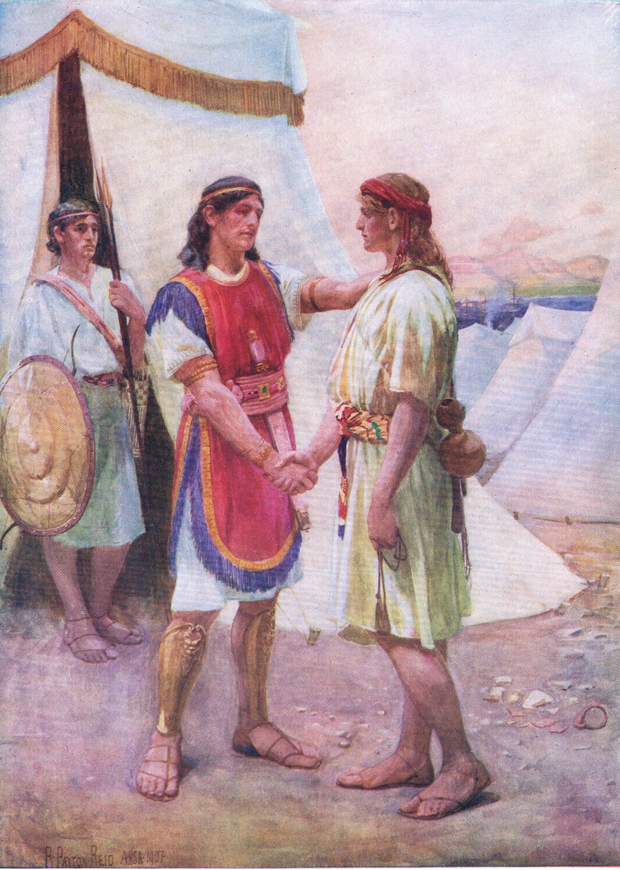 David och Jonathan, från The Bible Picture Book utgiven av Thomas Nelson, c.1950 (litho) av Robert Payton Reid
