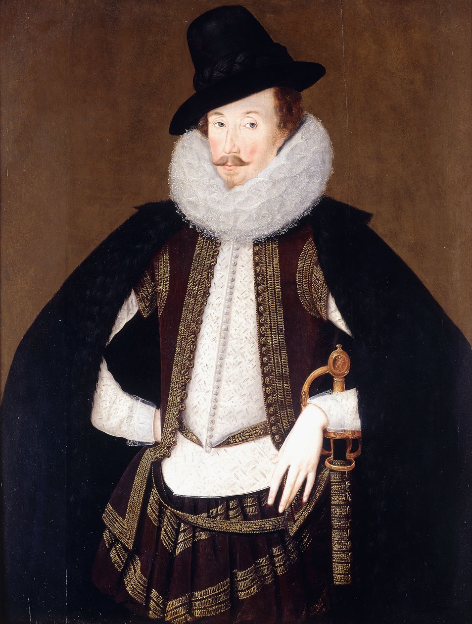 Porträtt av Sir Charles Cornwallis, i en pälsklippt svart mantel, vit dubbel och brun, guldbroderad väst, av Robert Peake