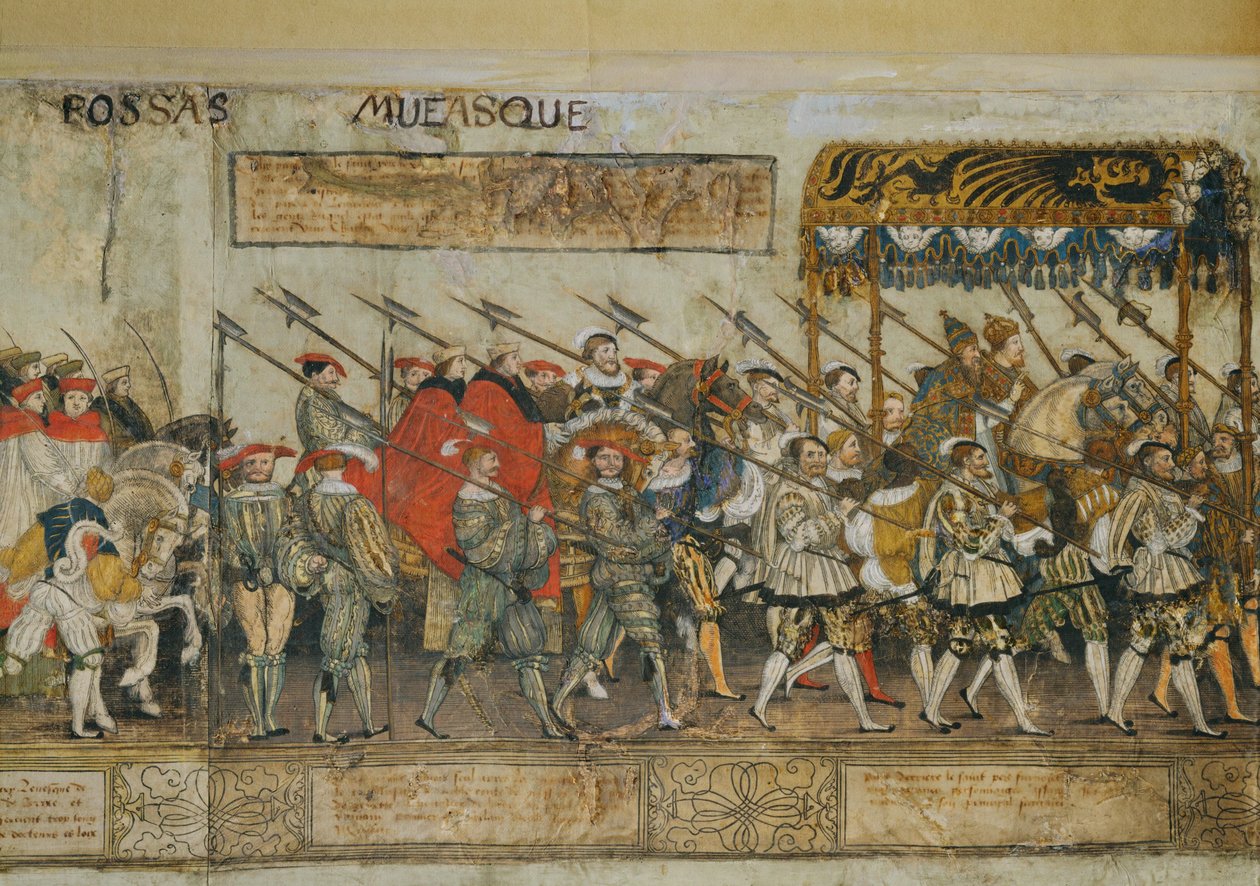 Kavalkad i samband med kröningen av kejsar Karl V i Bologna ... (träsnitt i färg på pergament) av Robert Peril