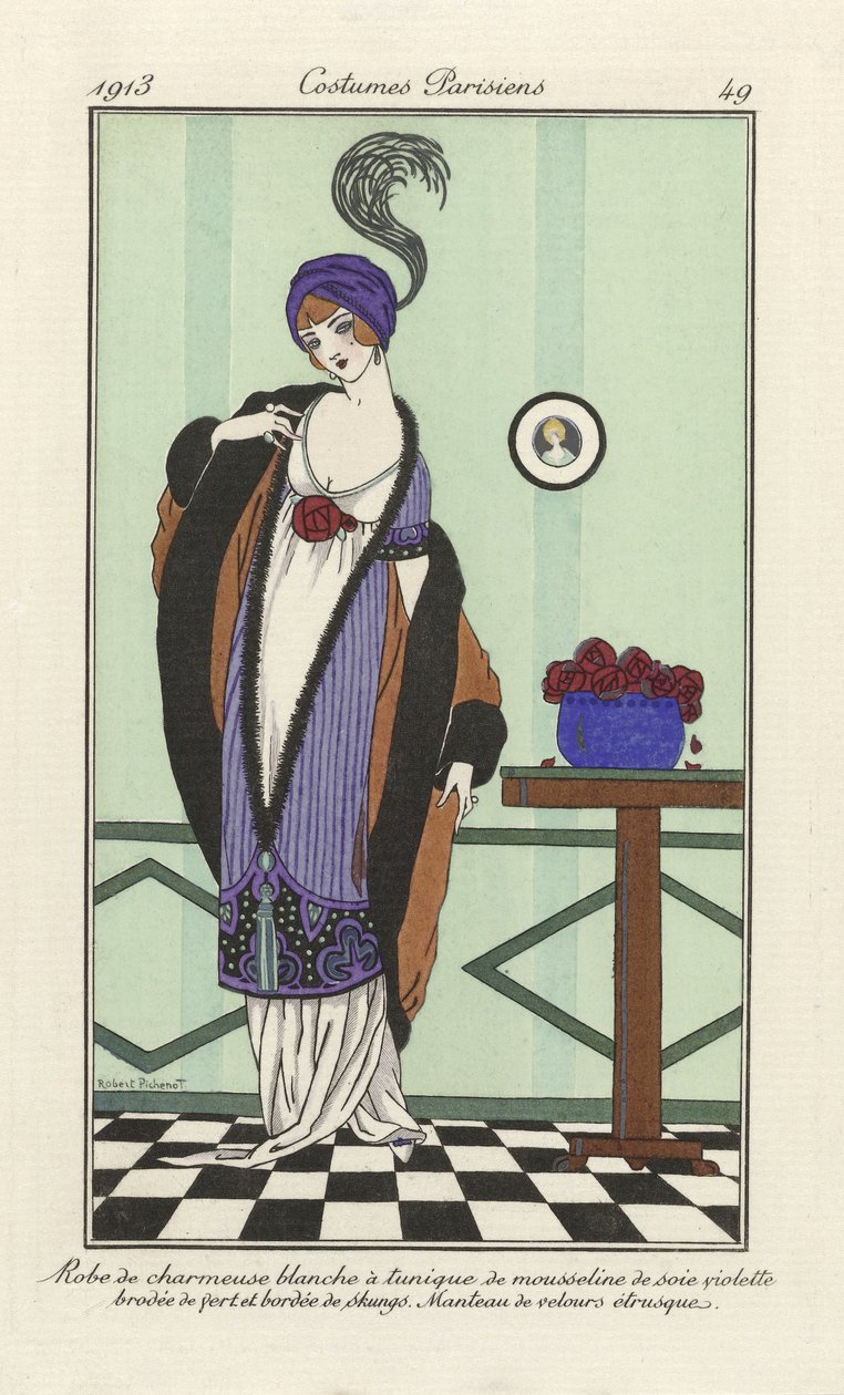 Vit charmeuse klänning med lila silke chiffong tunika broderad med grönt kantad med skungs. Etruskisk sammetsrock, från Costumes Parisiens, pub.1913 (stenciltryck) av Robert Pichenot