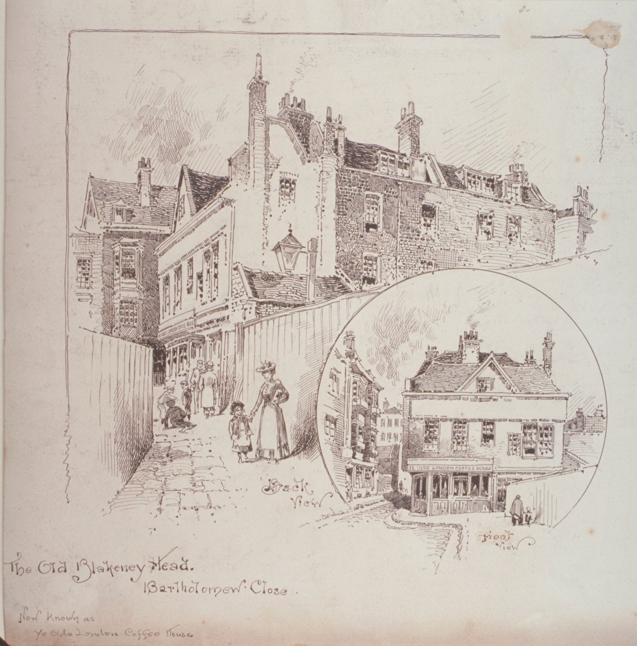 Bakifrån av Old Blakeney Head Inn, Bartholomew Close, London, c.1900 av Robert Randoll