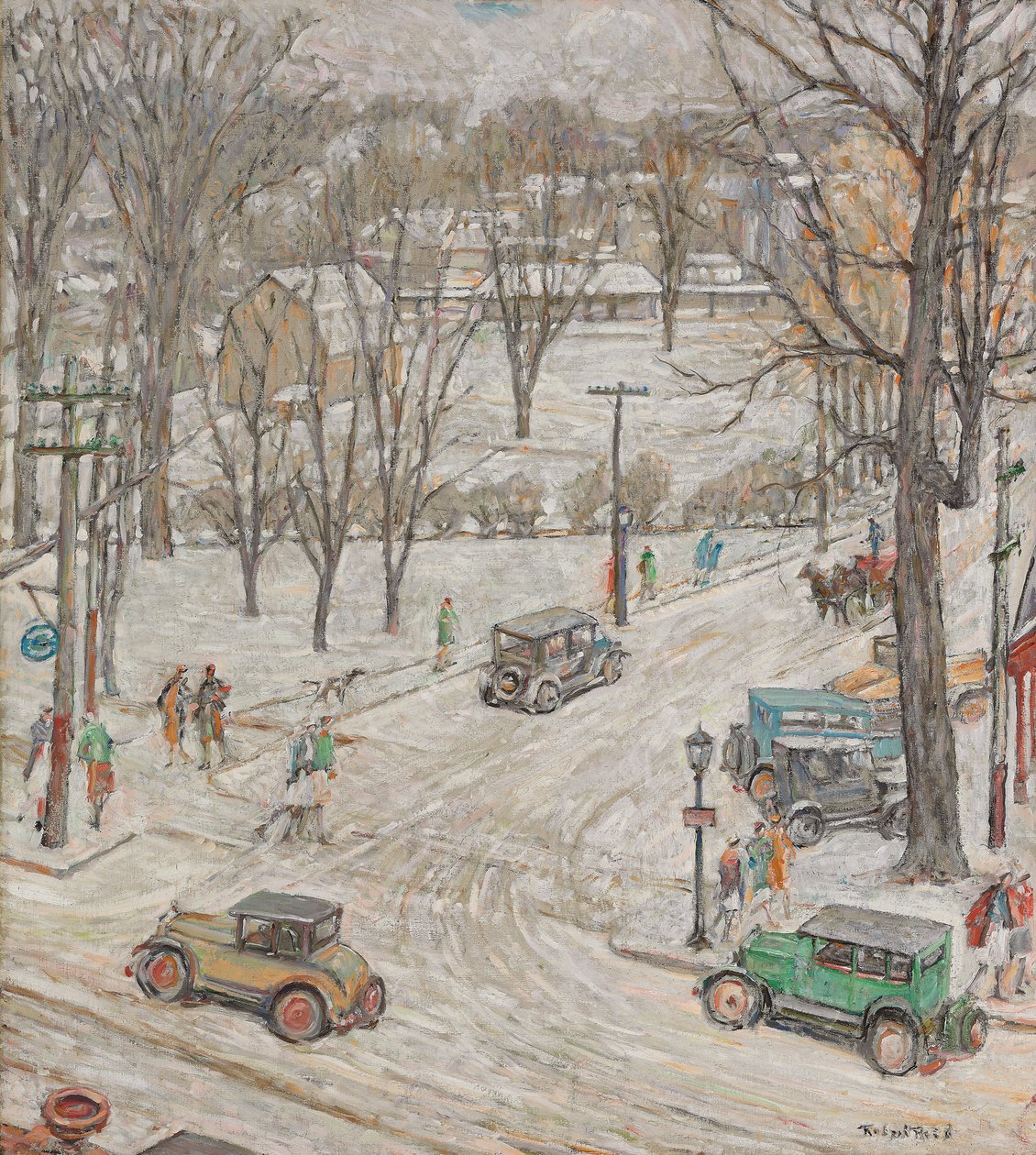 Gatubild på vintern (olja på duk) av Robert Reid