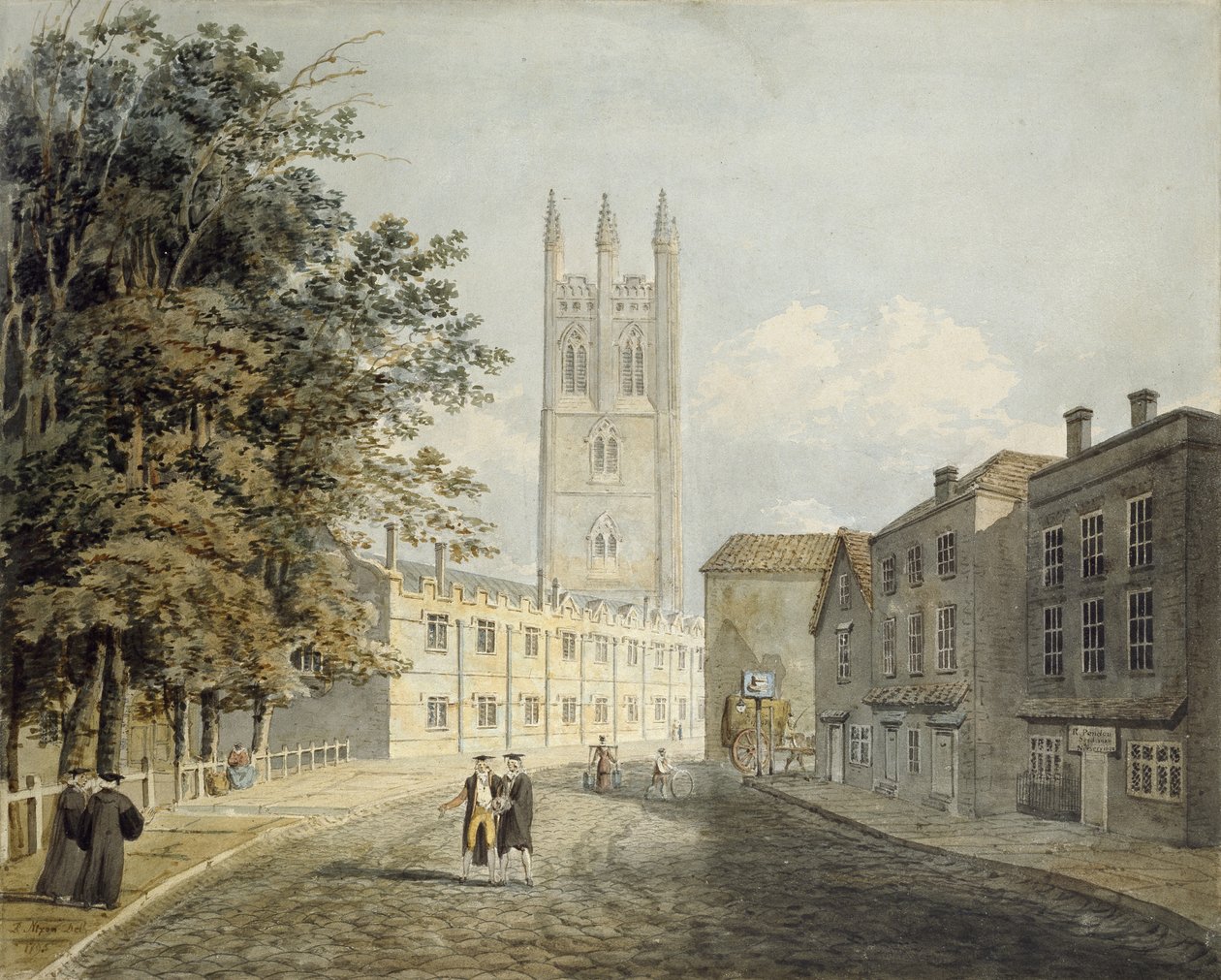 Magdalen College and the Eastern End of the High Street, Oxford, 1795 (akvarell över markeringar i grafit) av Robert Revd Nixon