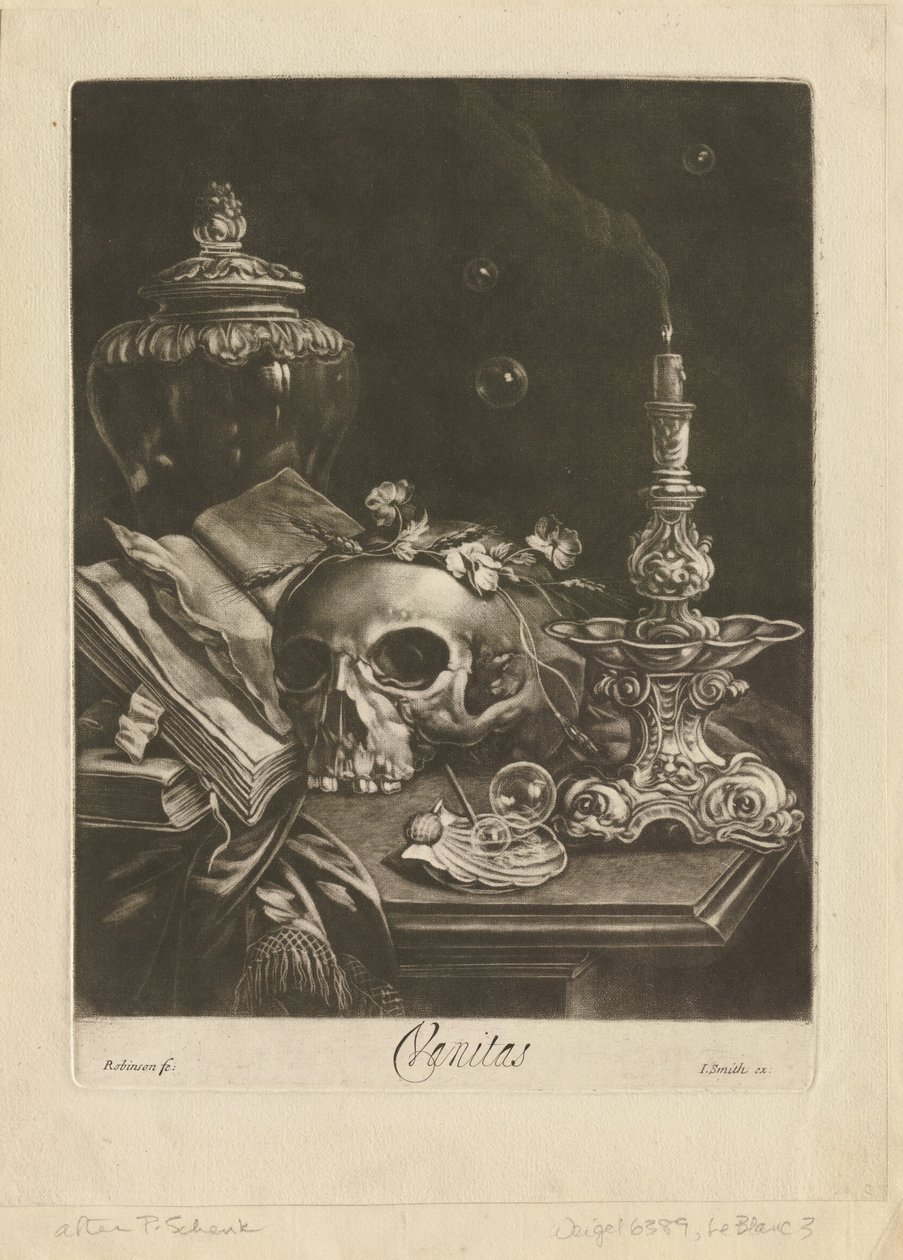 Vanitas stilleben, ca 1685-88 (mezzotint med burinarbete) av Robert Robinson