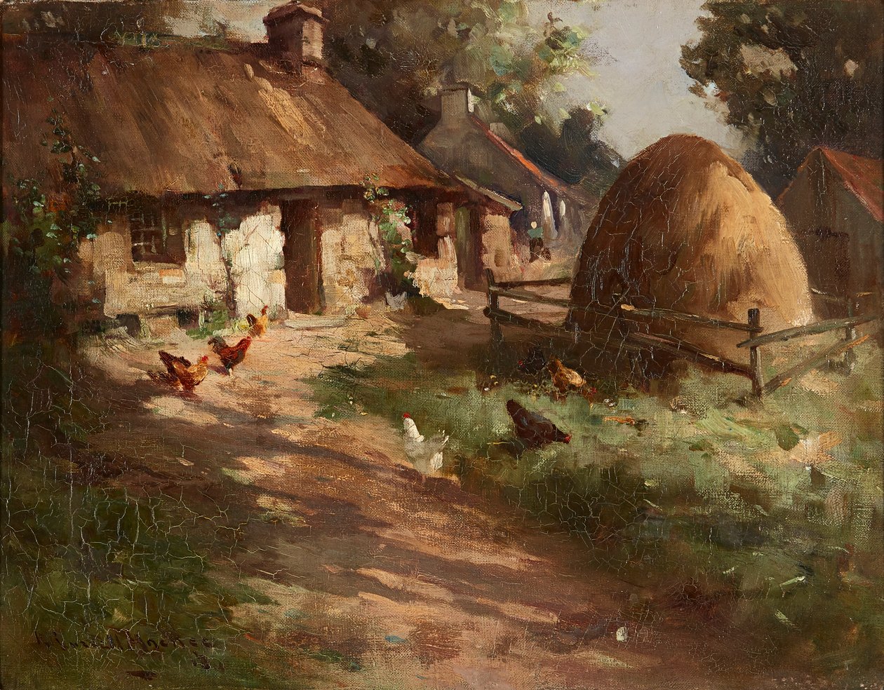Hens By a Haystack (olja på duk) av Robert Russell MacNee