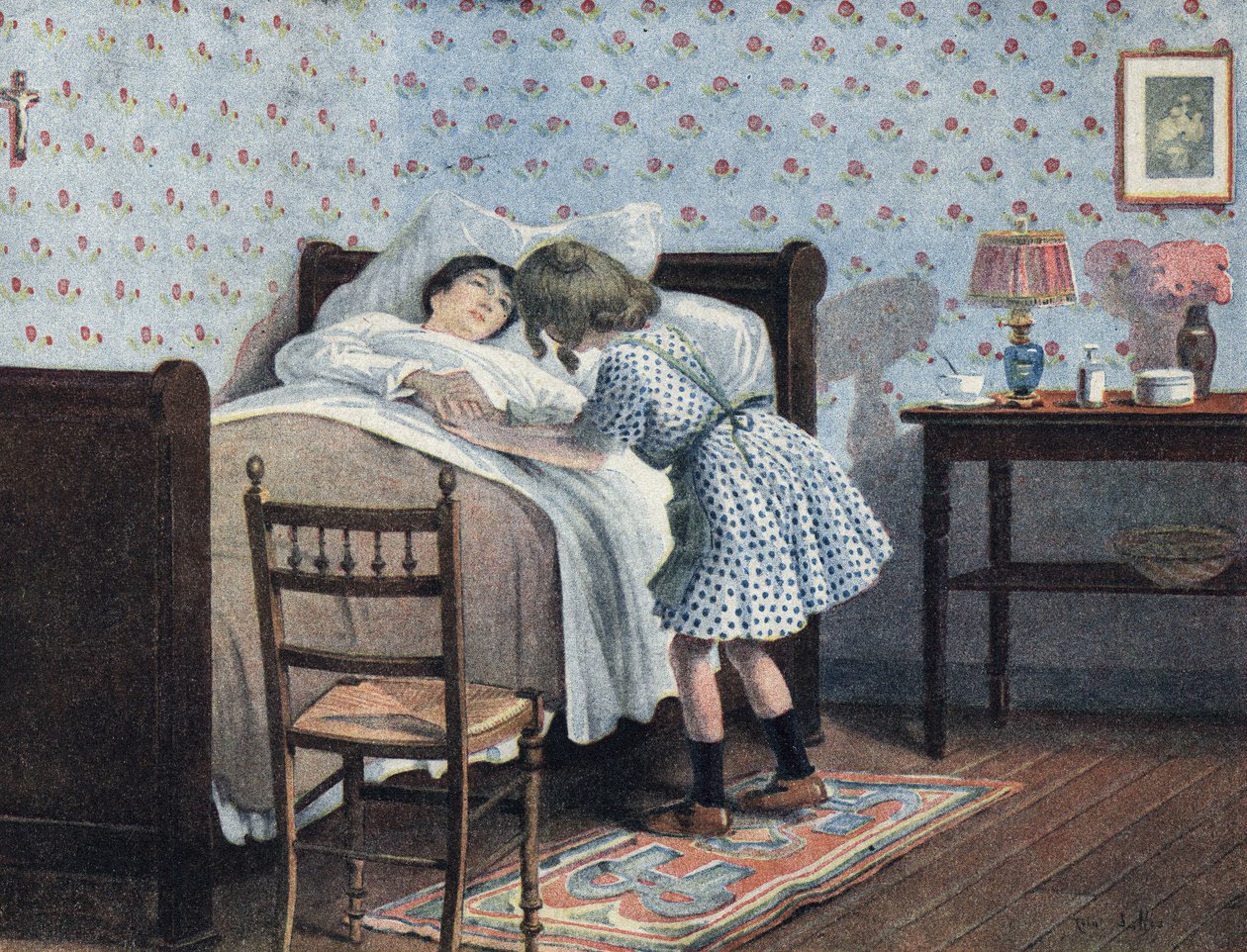 En liten flicka vid sängen av sin sjuka mamma väntar på hennes krig. Illustration av Robert Salles (1871-1929) i "" Je sais Lire"". av Robert Salles