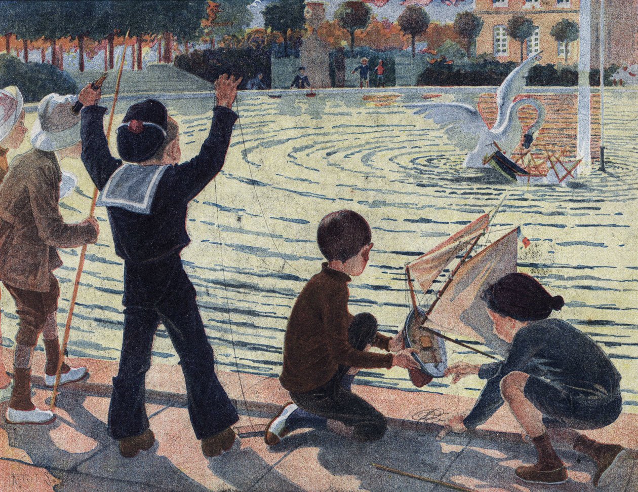 En svan attackerar båten till ett barn som lekte i poolen i en park med sina kamrater. Illustration av Robert Salles (1871-1929) i "" Je sais Lire"". av Robert Salles