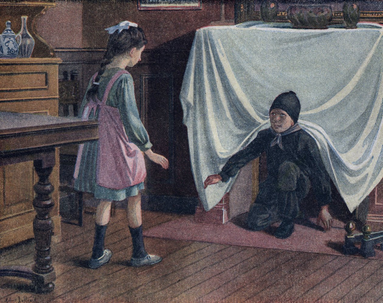 En ung skorsten täckt av sot lämnar skorstenen täckt av ett ark. Han skrämmer en liten flicka som tror att han är djävulen. Illustration av Robert Salles (1871-1929) i "" Je sais Lire"". av Robert Salles
