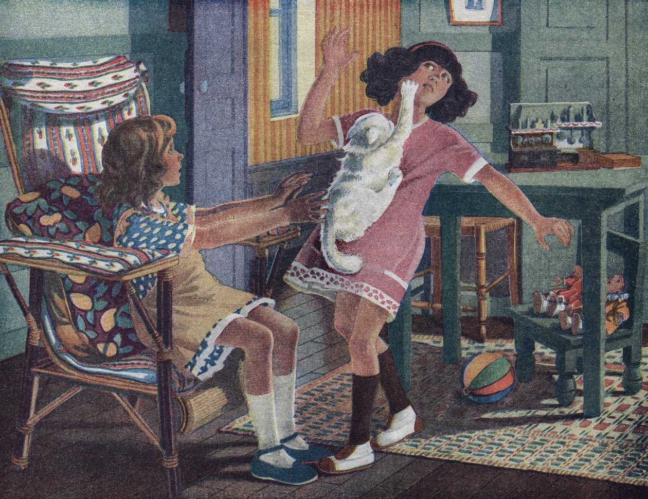 Annettes lilla katt: en vit katt klor i ansiktet på en liten flicka som leker med sin vän. Illustration av Robert Salles (1871-1929) i "" Je sais Lire"". av Robert Salles