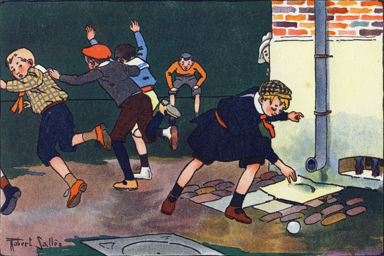 Kula mot väggen. Gravering i "" Vad spelar vi? ”” av E. Weber med akvarellteckningar av Robert Salles (1871-1929). Librairie Garnier Freres, Paris av Robert Salles