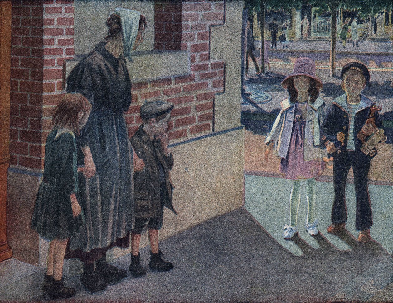 Välgörenhet: en mamma och hennes två barn ber om alumone från en ung pojke och en ung flicka på gatan som kommer att ge dem deras besparingar och leksaker. Illustration av Robert Salles (1871-1929) i "" Je sais Lire"". av Robert Salles
