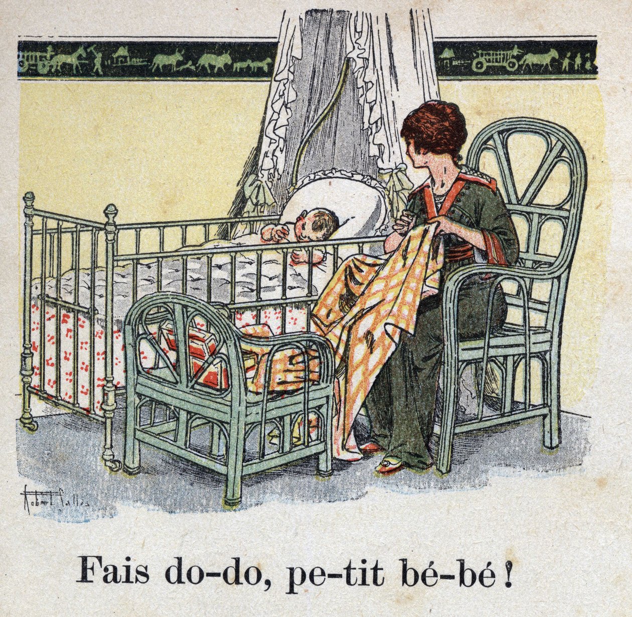 Barnbok "" Jag kommer att läsa - Metodiskt och roligt alfabet av en pappa""" 1926. Illustration av Robert Salles (1871-1929). "" Sov, baby baby! "". En mamma syr i sitt barns rum i väntan på att hennes bebis ska sova. av Robert Salles
